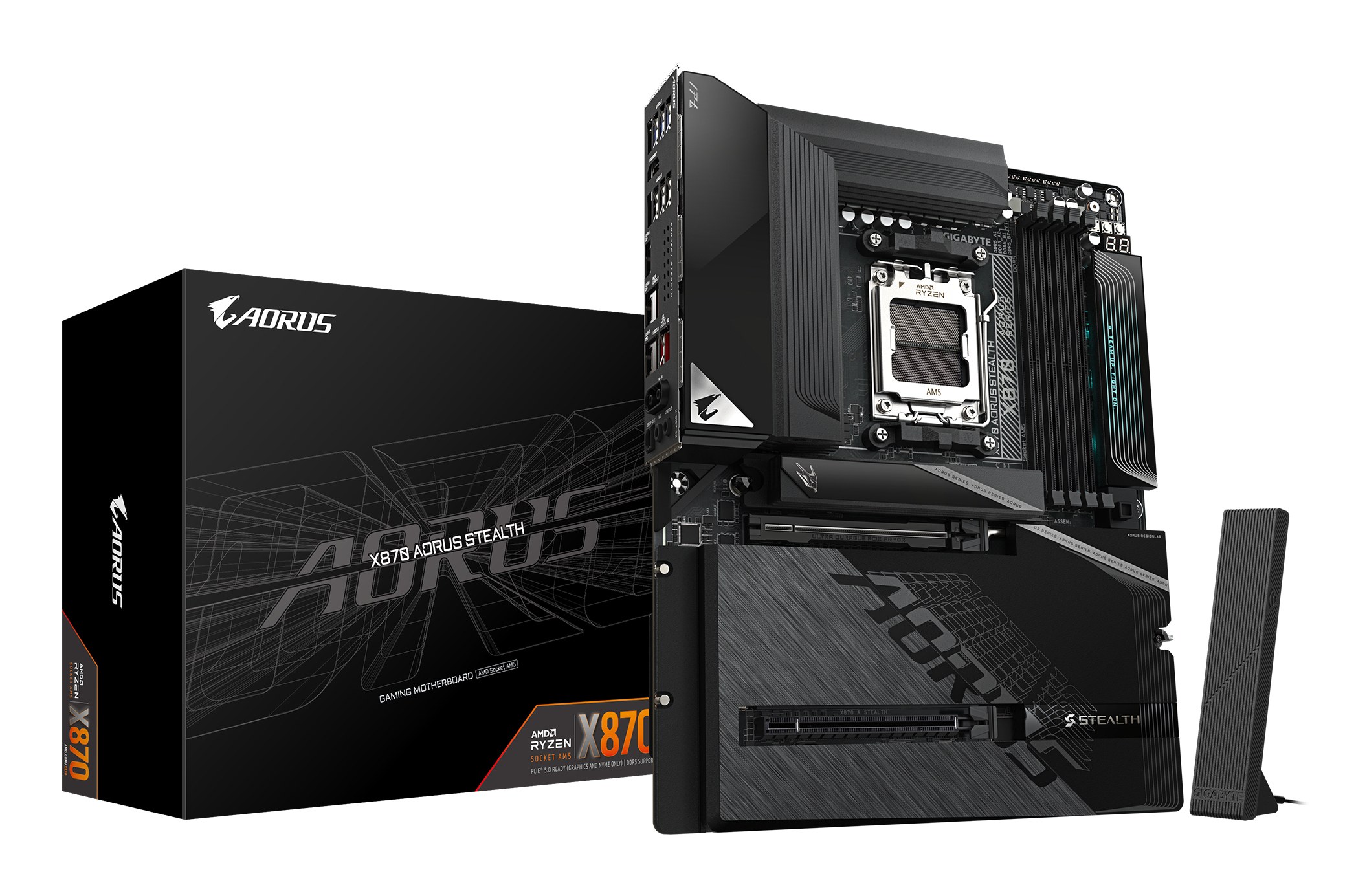 X870 AORUS STEALTH Motherboard Supports AMD Ryzen 9000 CPUs 16+2+2 Phases Digital VRM up to 8200Hz DDR5 2xPCIe 5.0 + 2xPCIe 4.0 Wi Fi 7 5 GbE LAN USB 4