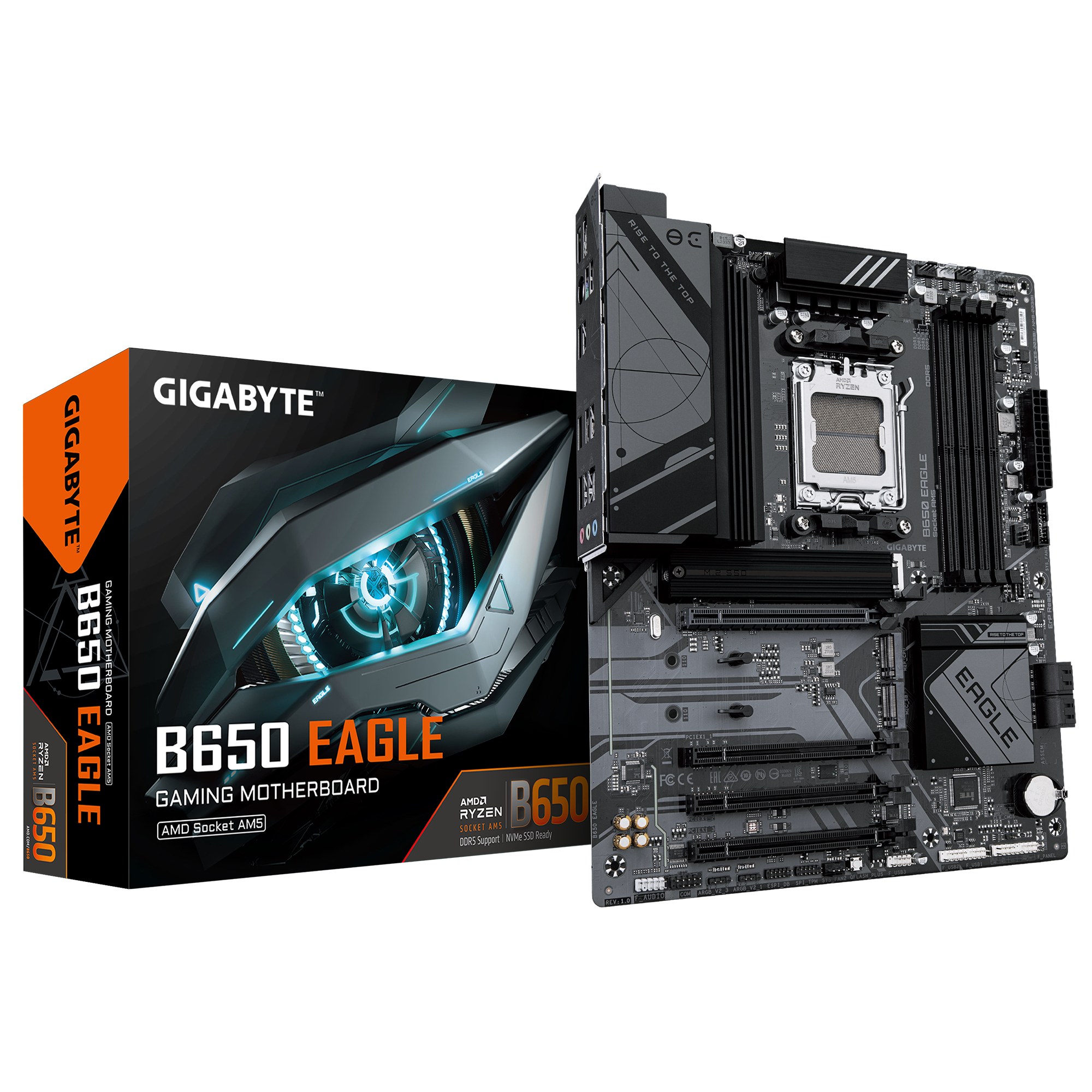 B650 EAGLE Motherboard Supports AMD Ryzen 9000 CPUs 12+2+2 Phases Digital VRM up to 7600MHz DDR5 1xPCIe 5.0 + 2xPCIe 4.0 M.2 GbE LAN USB 3.2 Gen2